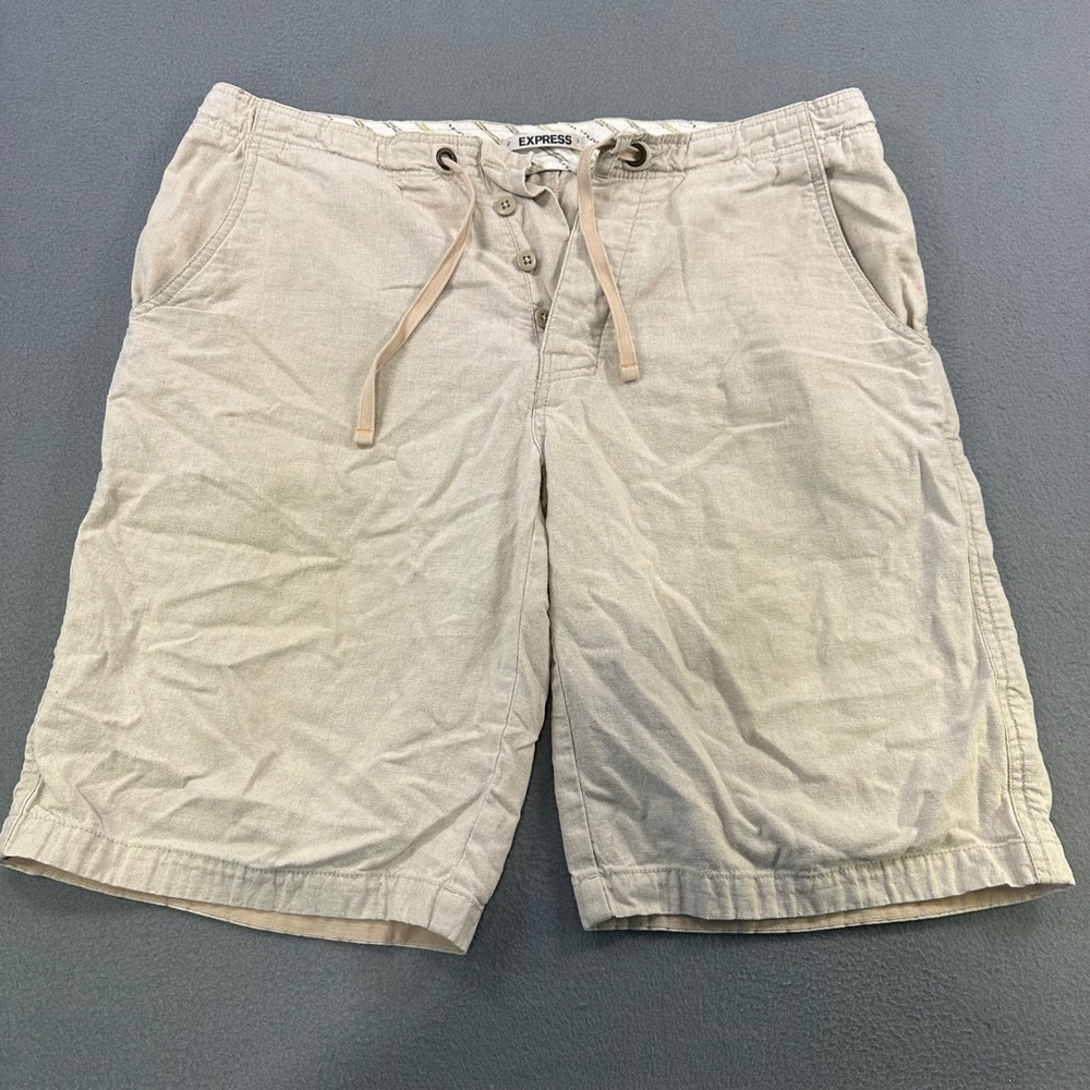 Express Mens Linen Blend Drawstring Shorts Beige Size L Button Fly Casual